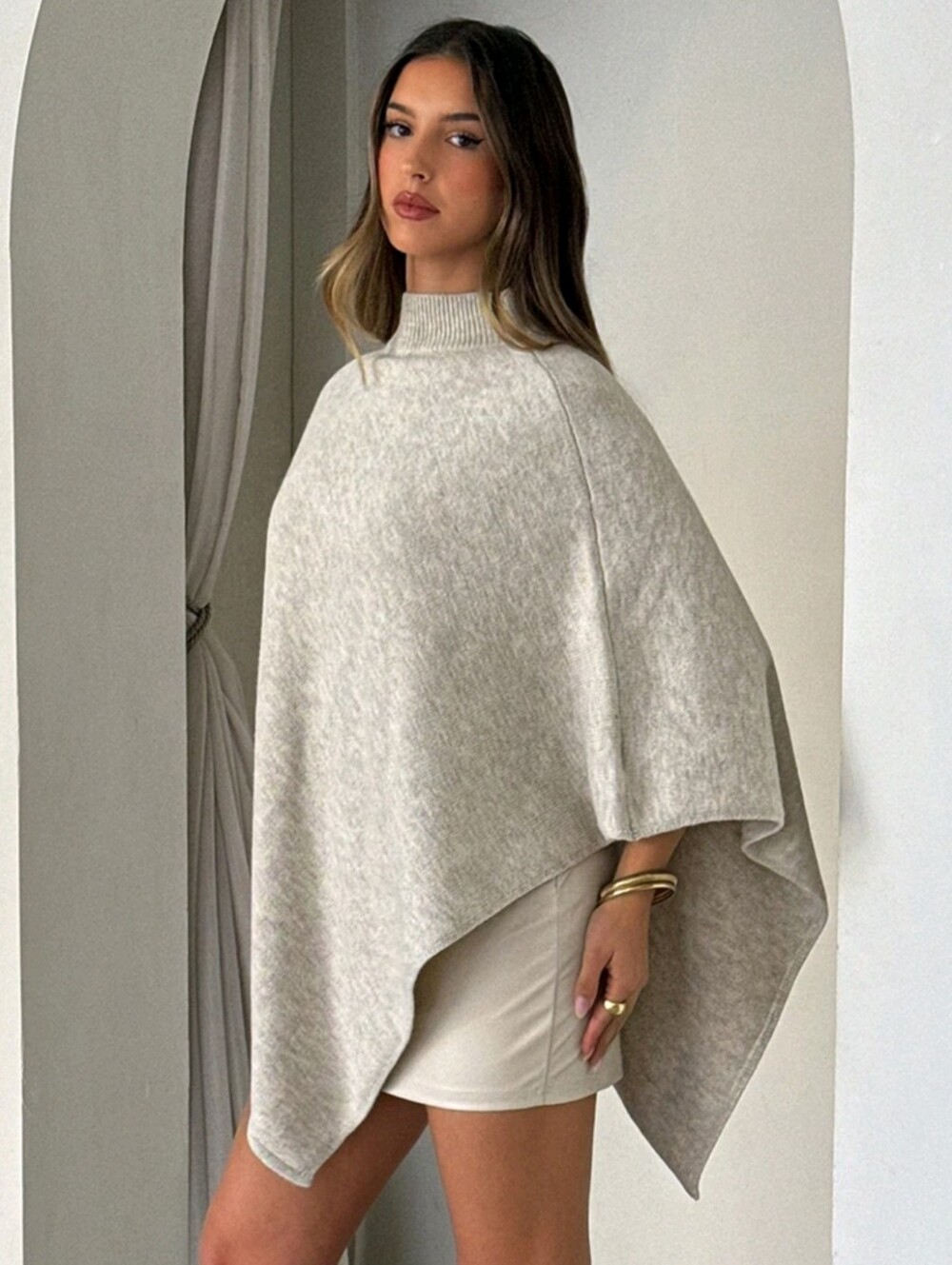 Women's Autumn/Winter New Shawl Cape Sweater, Khaki Color, Loose Fit - Picture 6 of 8
